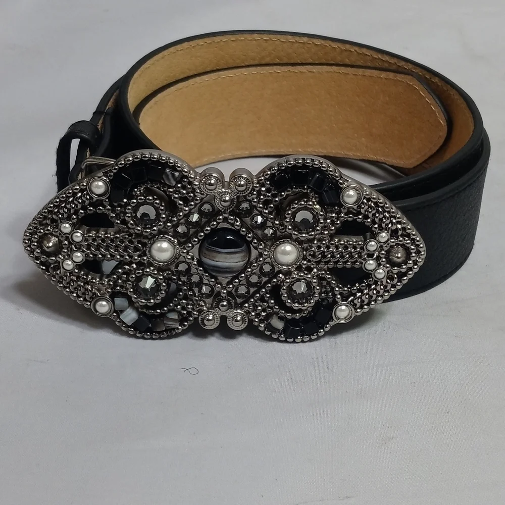 LEATHER‎ Rock Black Rhinestones Buckle Signature Belt